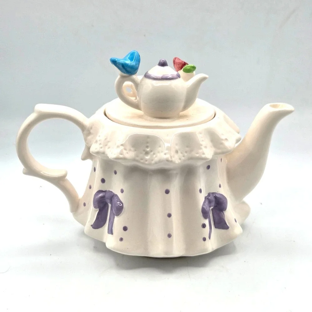 Teleflora Vintage Teapot, Tea Party White, Purple bows & Polkas Dots, Blue Bird